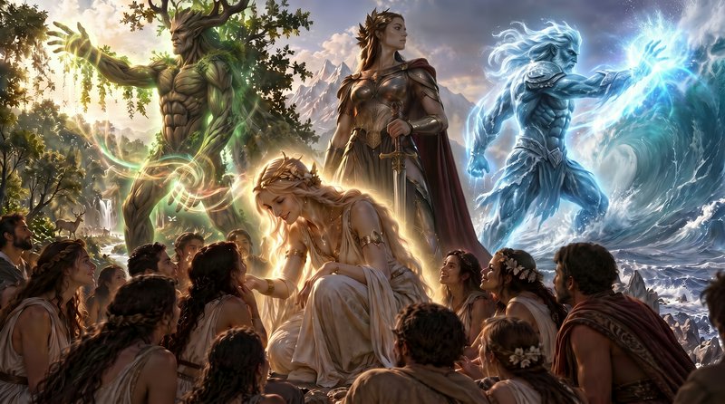 Ancient elemental gods stand behind a glowing goddess who kneels to attend to adoring mortal wors...