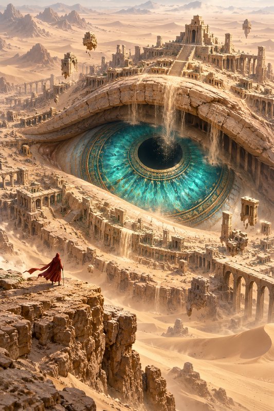Hooded red-robed traveler stands overlooking a giant eye-shaped ancient desert ruin with floating...