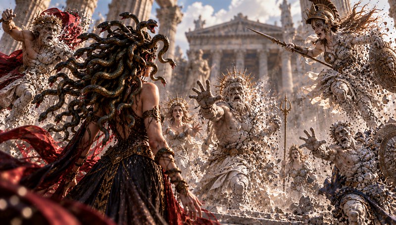 Medusa with coiled snake hair faces crumbling stone Olympian god statues outside an ancient Greek...