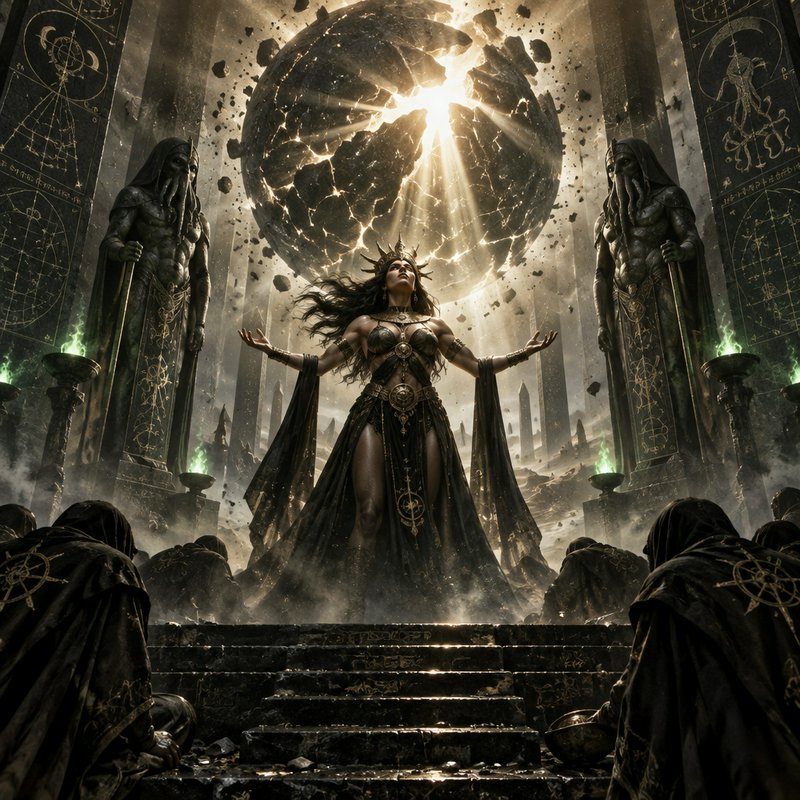 Crowned dark fantasy goddess stands with outstretched arms as worshipers kneel beneath a glowing ...