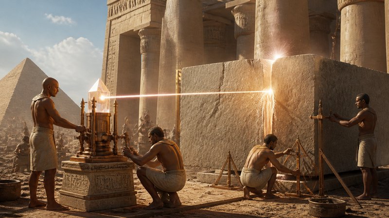 Ancient Egyptian workers use a glowing crystal laser device to cut a large stone block at a pyram...