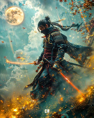 Armored samurai warrior wields glowing katanas beneath a bright full moon amid falling autumn map...