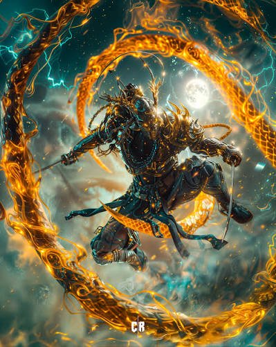 Ornate armored mythic warrior leaping mid-action, wreathed in swirling glowing golden dragon energy.