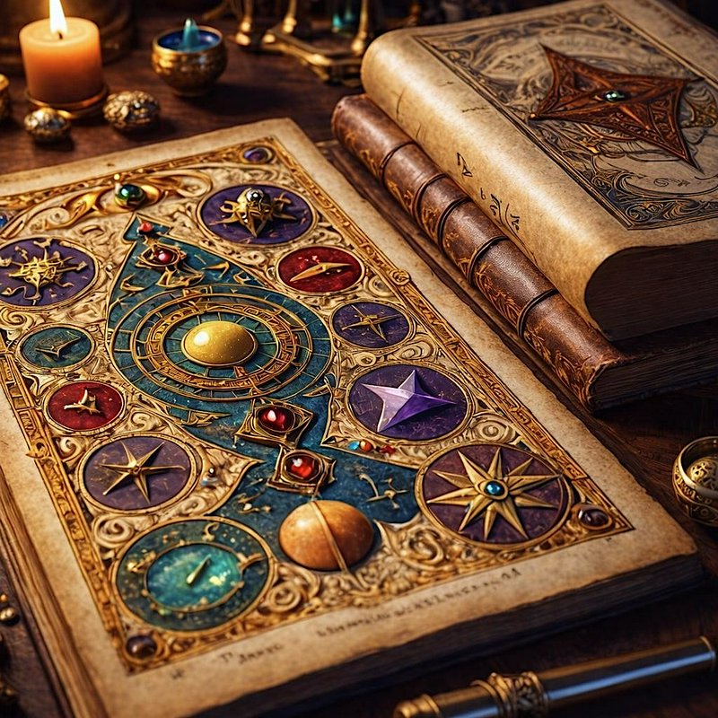 Ornate enchanted astrology grimoire open on a wizard's wooden desk beside lit candles and old spe...