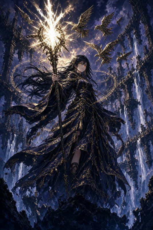 Powerful anime dark sorceress holds a glowing magical staff surrounded by golden familiars above ...