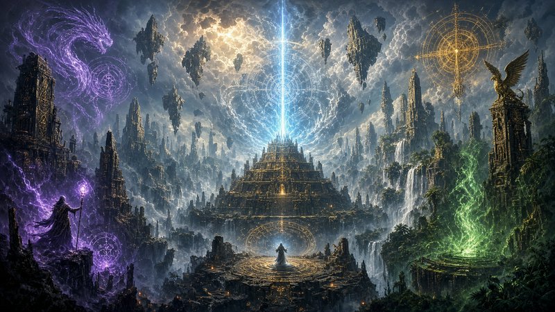 Epic fantasy floating realm with robed sorcerers, glowing magic energies, an ancient ziggurat, an...