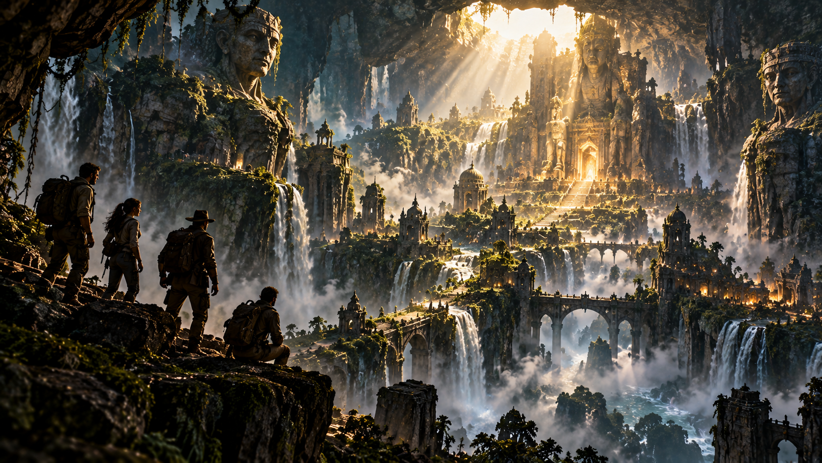 Group of explorers overlook a sprawling hidden ancient temple city inside a misty cave with giant statues and waterfalls
