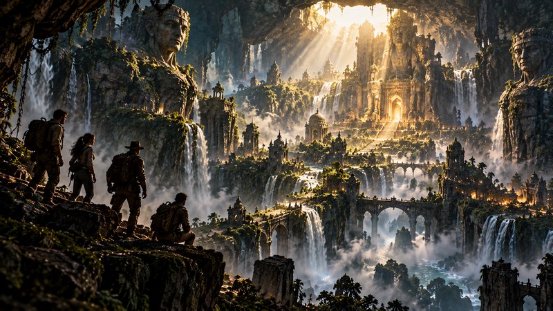 Group of explorers overlook a sprawling hidden ancient temple city inside a misty cave with giant...