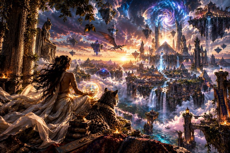 Sorceress holding a glowing orb sits with her giant feline companion overlooking a floating fanta...
