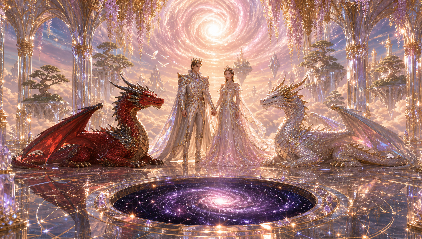 Crowned fantasy royal couple flanked by red and silver dragons in a glowing celestial crystal palace