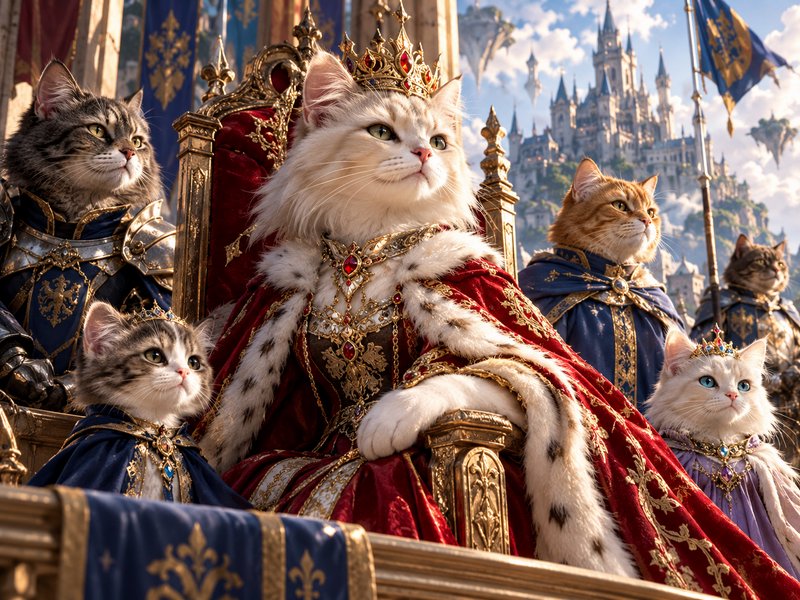 Regal cat queen sits on an ornate throne surrounded by noble cat courtiers in a fantasy castle co...