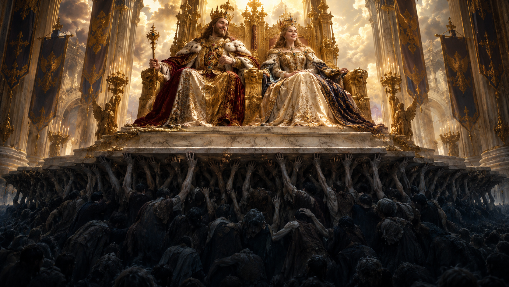Crowned king and queen sit on an ornate golden throne platform held aloft by a straining crowd of people
