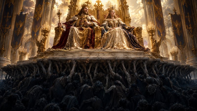 Crowned king and queen sit on an ornate golden throne platform held aloft by a straining crowd of...