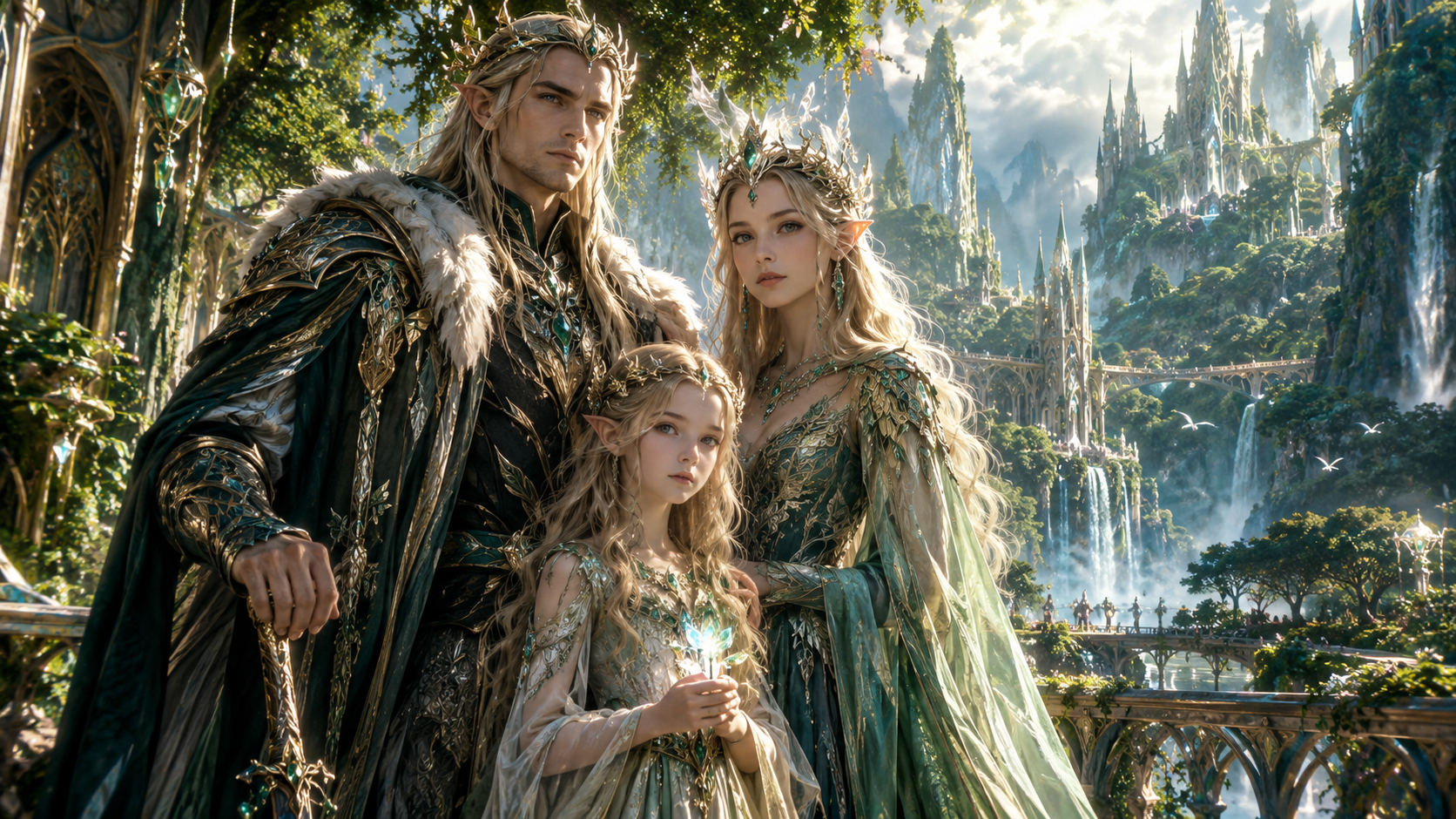Regal elven king, queen, and young princess stand together before a sprawling magical elven city with cascading waterfalls