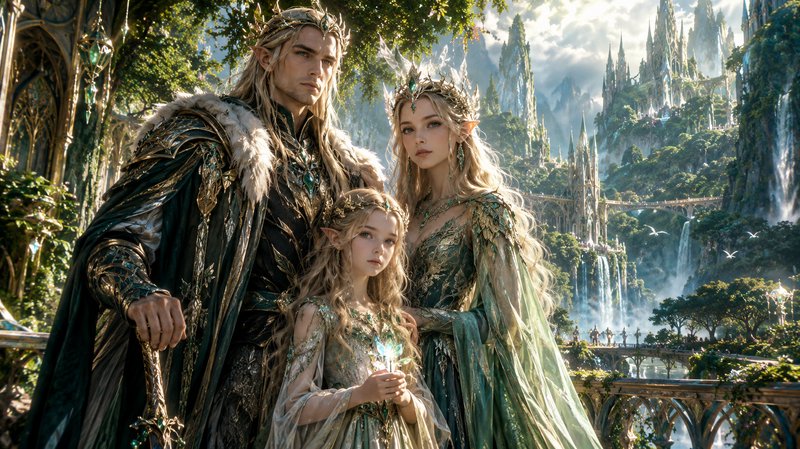 Regal elven king, queen, and young princess stand together before a sprawling magical elven city ...