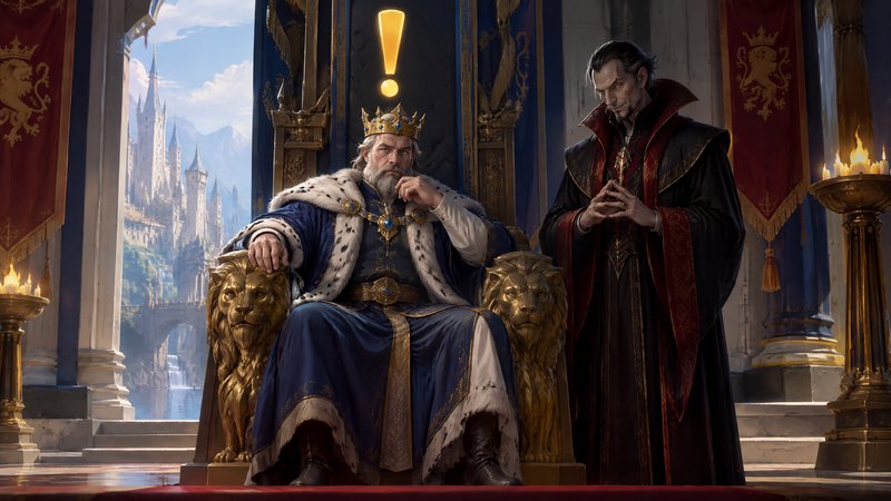Pensive bearded king sits on an ornate lion throne with a glowing exclamation marker beside a sch...