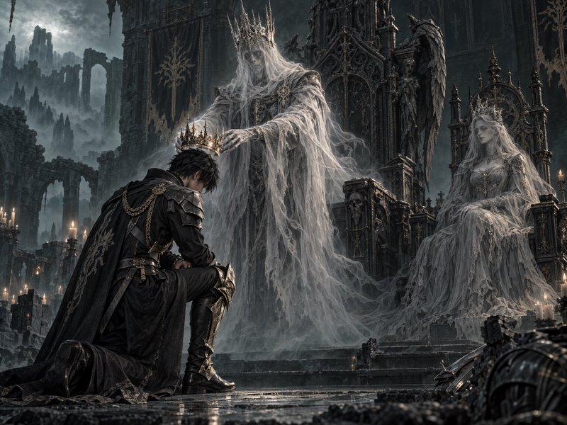 Ghostly undead king crowns a kneeling armored knight as a pale queen watches from a gothic throne