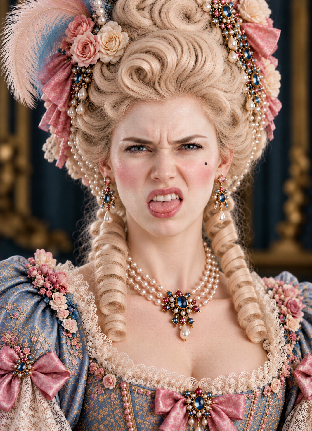 Rococo noblewoman with an ornate curled updo pulls a silly disgusted face toward the camera