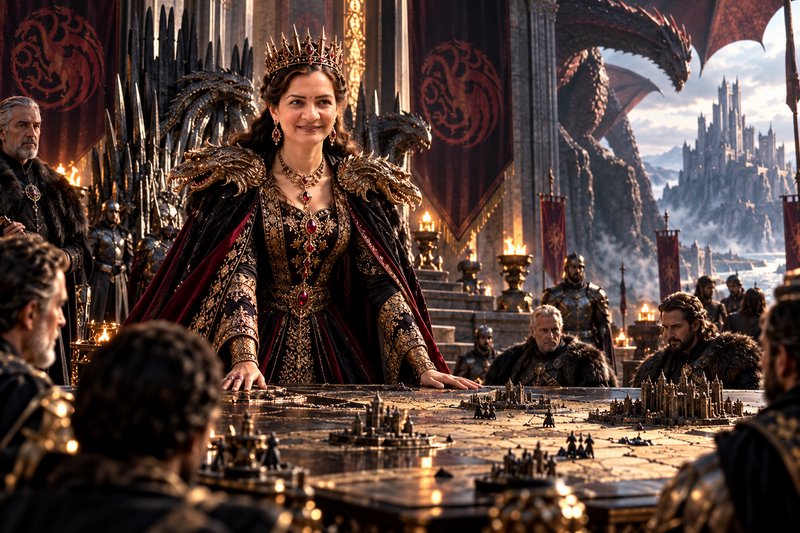 Regal crowned fantasy queen stands at a strategy war table in a dragon-themed medieval throne room