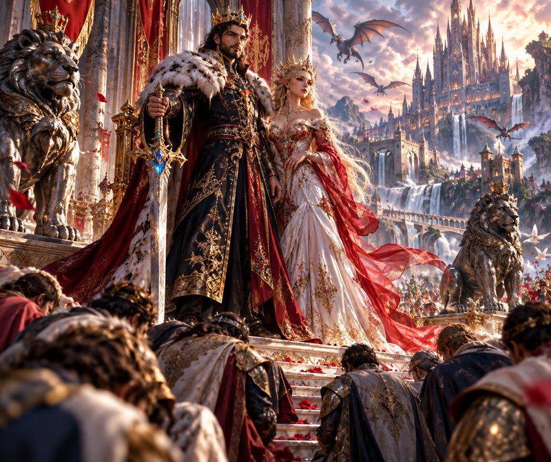 Crowned fantasy king and queen stand on a throne dais as courtiers bow, with dragons and a grand ...