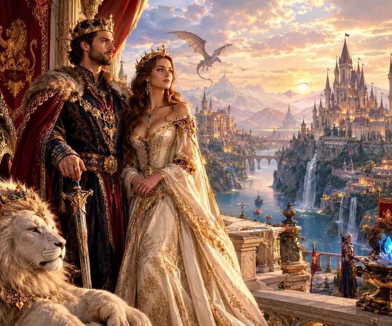 Regal fantasy king and queen stand on a palace balcony overlooking their magical kingdom at sunse...