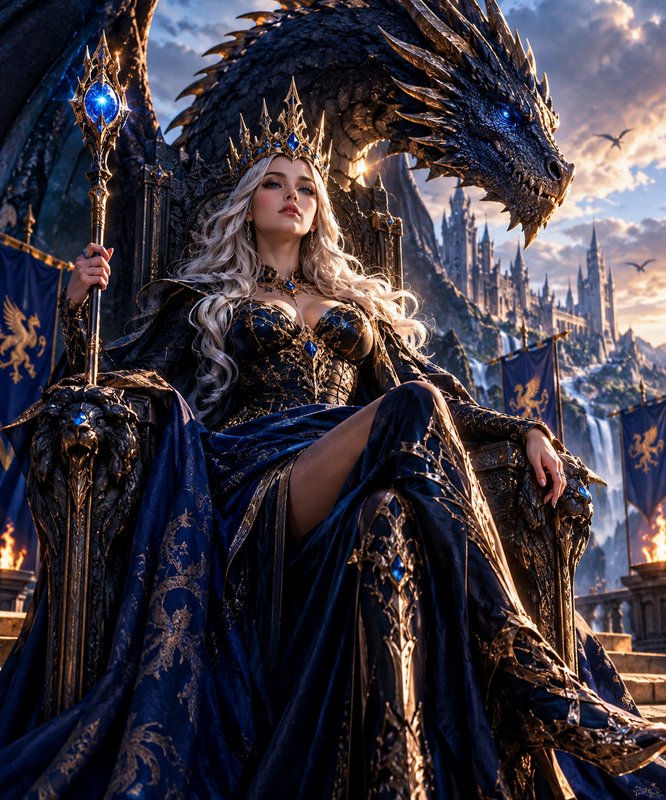 Regal fantasy queen sits on an ornate throne beside a glowing-eyed black dragon, holding a jewele...