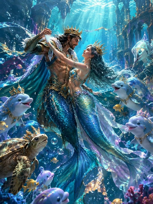 Crowned merman king and mermaid queen dance surrounded by sea creatures in a sunlit underwater pa...