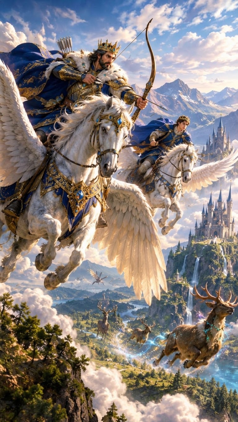 Regal armored king draws a bow while riding a winged pegasus above a magical fantasy kingdom