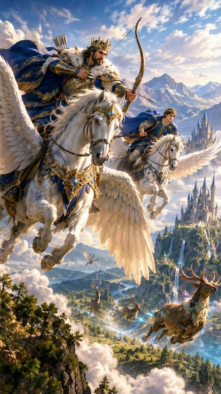 Regal armored king draws a bow while riding a winged pegasus above a magical fantasy kingdom