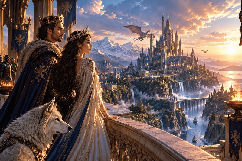 Crowned fantasy king and queen stand with a dire wolf overlooking their magical kingdom at golden...