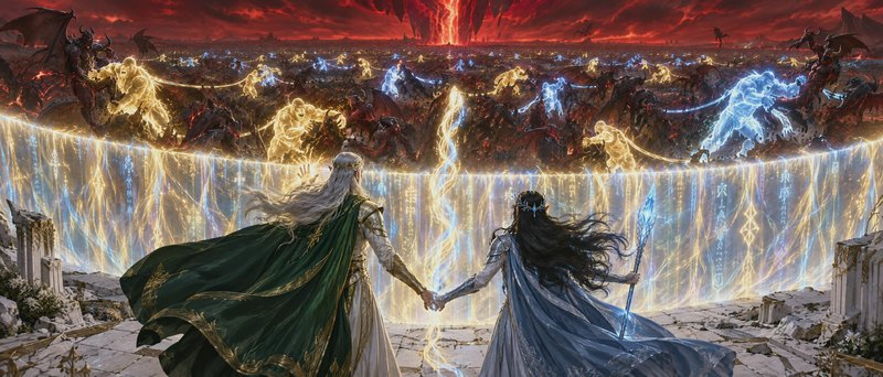 Two elven spellcasters hold hands to summon a glowing ward blocking a demonic army on a fiery bat...