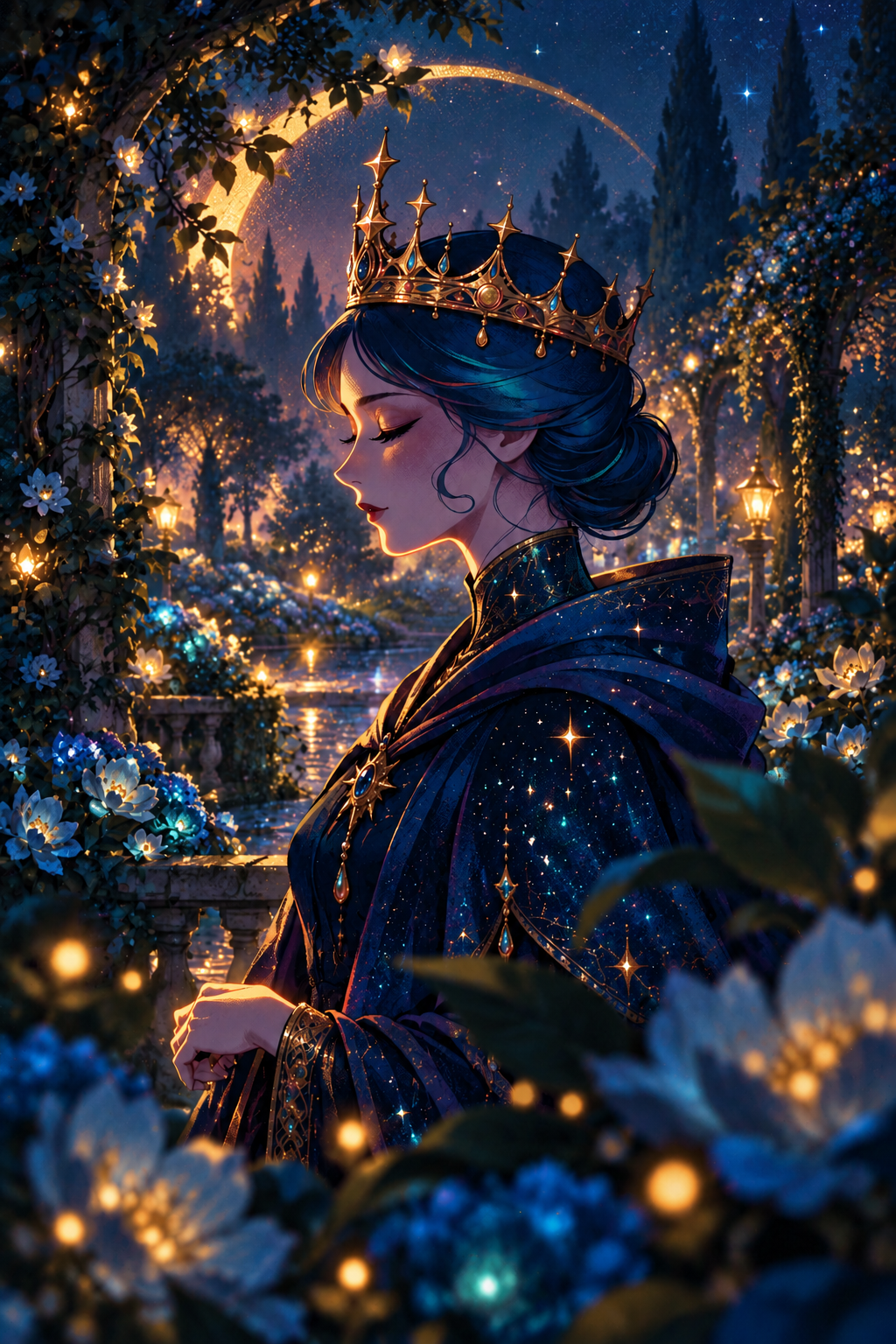 Regal blue-haired fantasy queen with a golden crown stands in a glowing moonlit enchanted garden