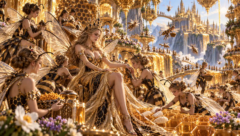 Regal bee fairy queen sits on a gilded throne surrounded by attendants in a glowing honeycomb fan...