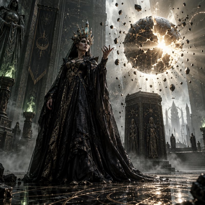Dark fantasy queen conjures a glowing cracked magical orb in an ornate misty gothic throne hall