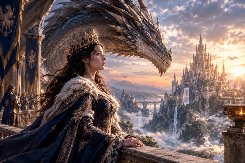 Regal crowned fantasy queen stands beside a large ancient dragon overlooking a grand magical cast...