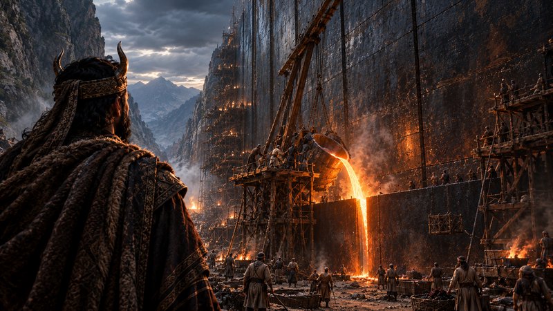 Horned ancient king observes workers pouring molten metal to build a giant wall in a mountain valley