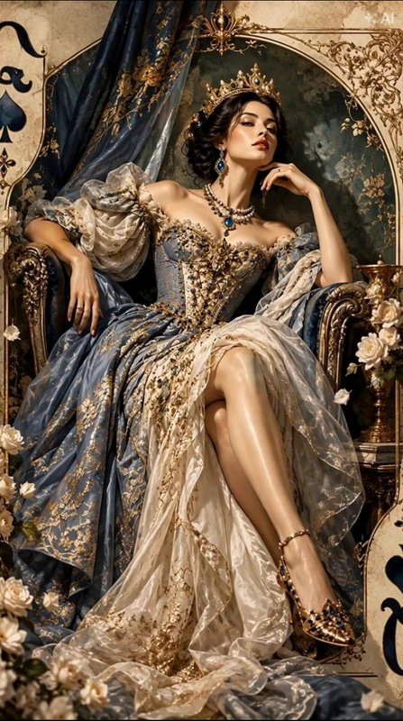 Regal baroque queen in a blue gold embroidered gown sits thoughtfully on an ornate gilded throne