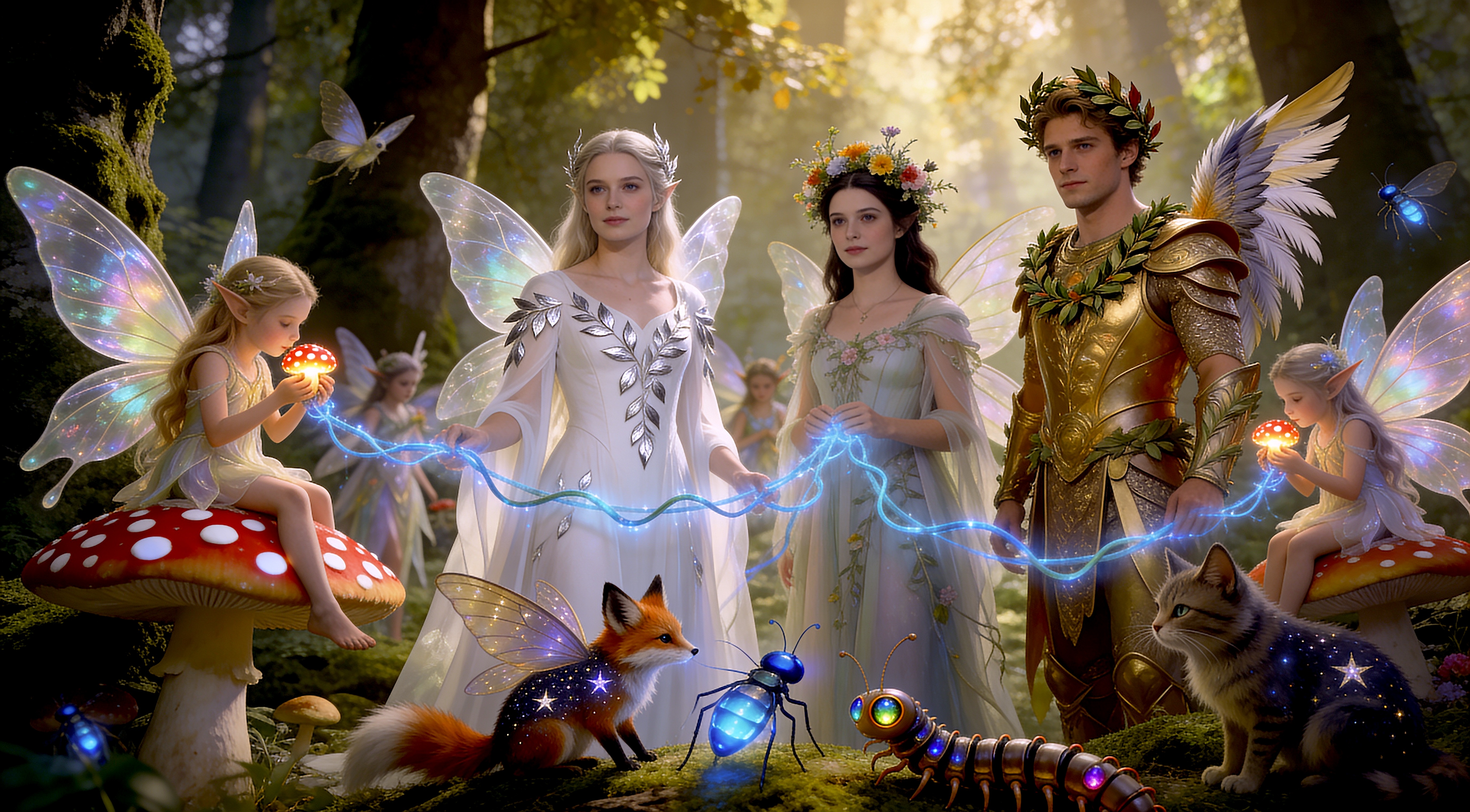 Royal fairy court with magical forest creatures gathers around glowing magic in a sunlit enchanted woodland