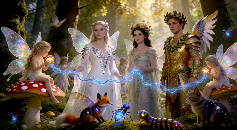 Royal fairy court with magical forest creatures gathers around glowing magic in a sunlit enchante...