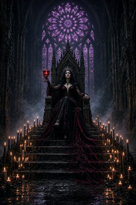 Gothic dark queen sits on an ornate stone throne holding a glowing red goblet surrounded by lit c...