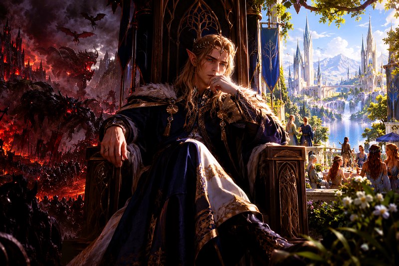 Pensive elven king sits on an ornate throne flanked by a peaceful elven realm and fiery dark demo...