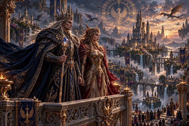 Regal elven king and queen stand on an ornate palace balcony overlooking a floating fantasy kingd...