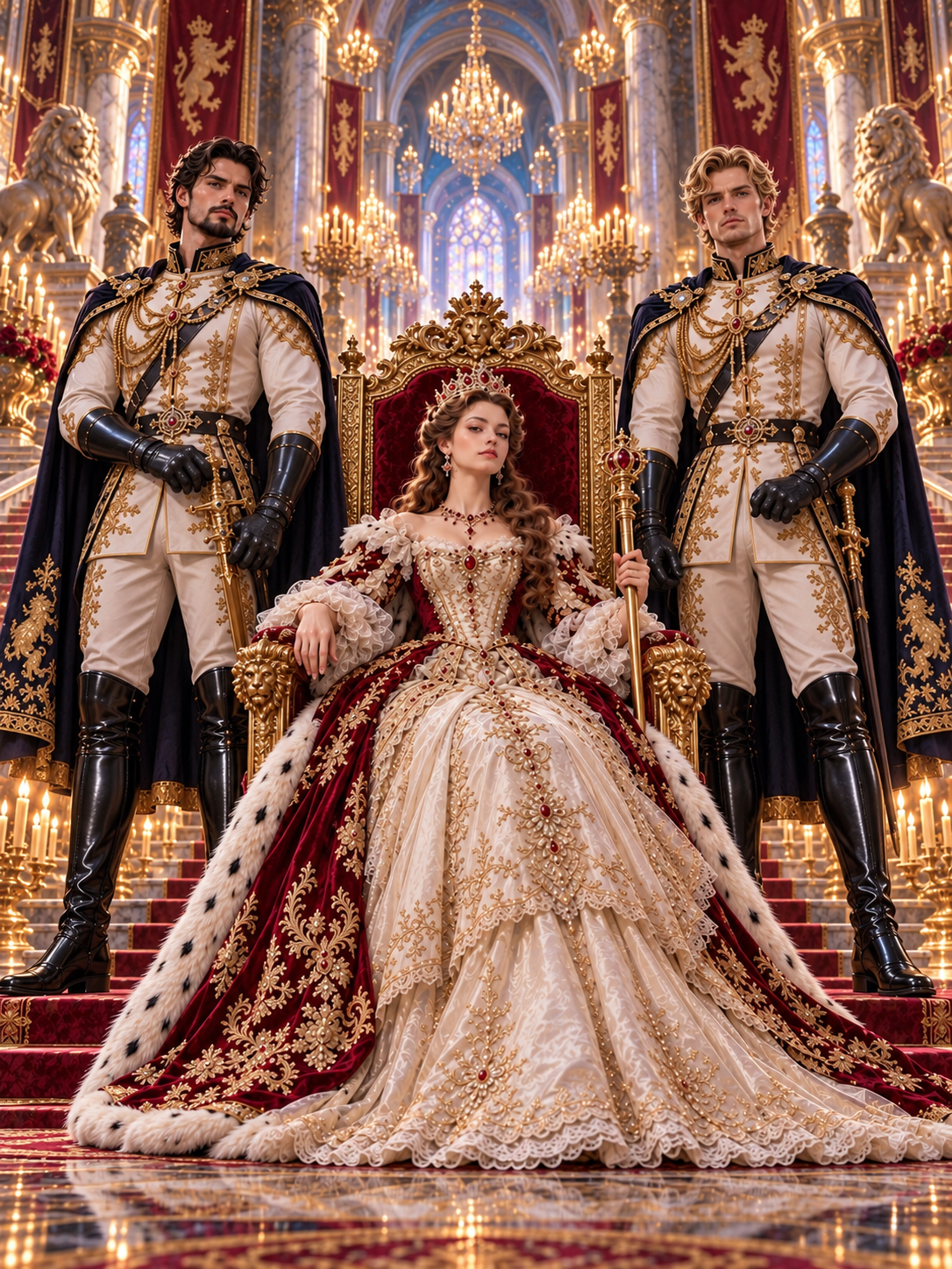 Regal queen seated on an ornate gilded throne flanked by two royal guards in a grand opulent palace throne room