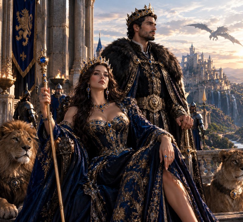 Regal fantasy king and queen pose on a castle balcony flanked by lions, with a dragon and distant...