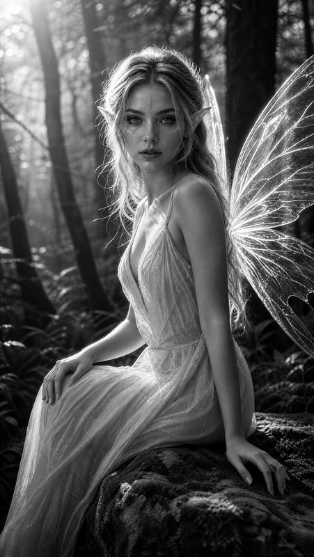 Ethereal elven fairy with translucent gossamer wings sits on a mossy rock in a sun-dappled deep f...