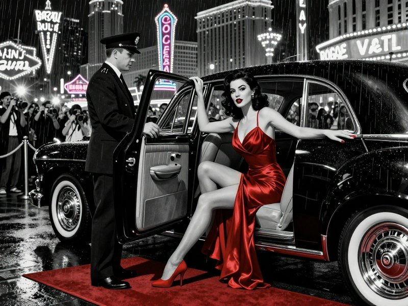 Starlet in a red satin gown exits a vintage black sedan onto a rainy red carpet as her chauffeur ...