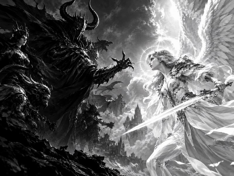 Winged angel warrior with glowing holy sword confronts a towering horned demon lord and his dark ...