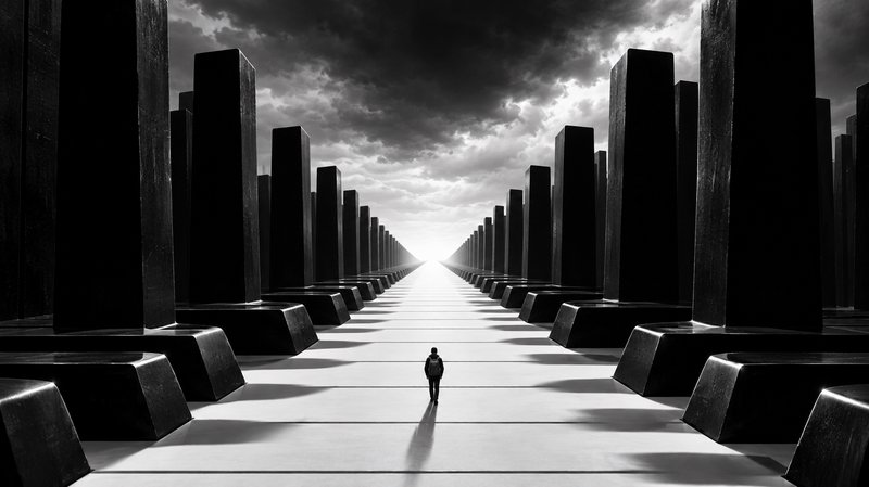 Lone hiker walks down a vast symmetrical path flanked by towering black pillars under a dramatic ...
