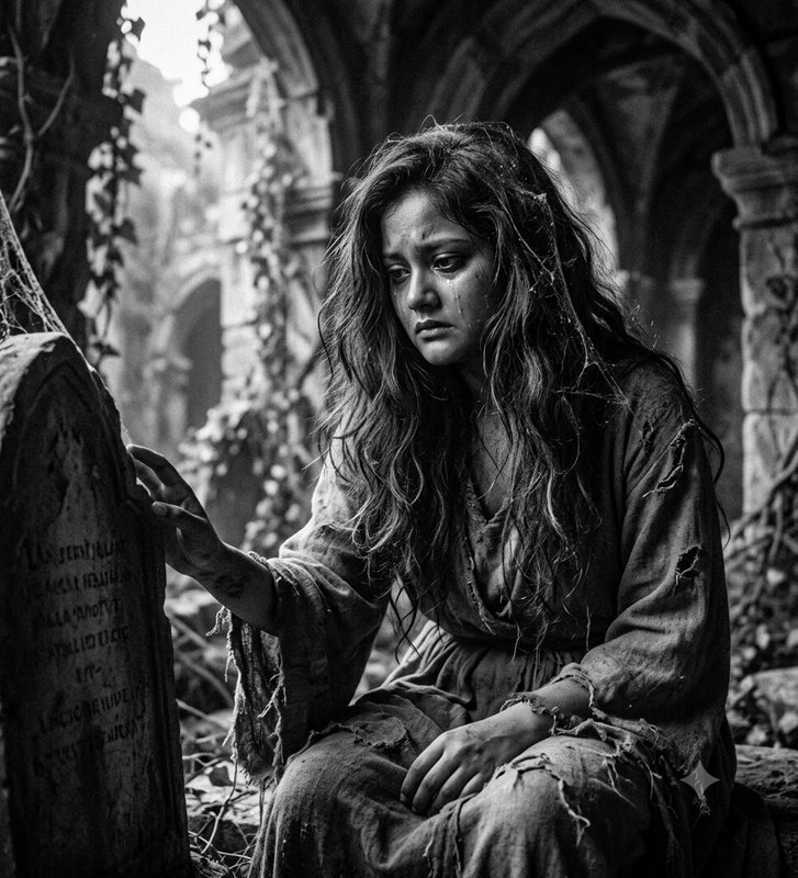 Tearful ragged woman touches a weathered gravestone while seated in an overgrown gothic ruin