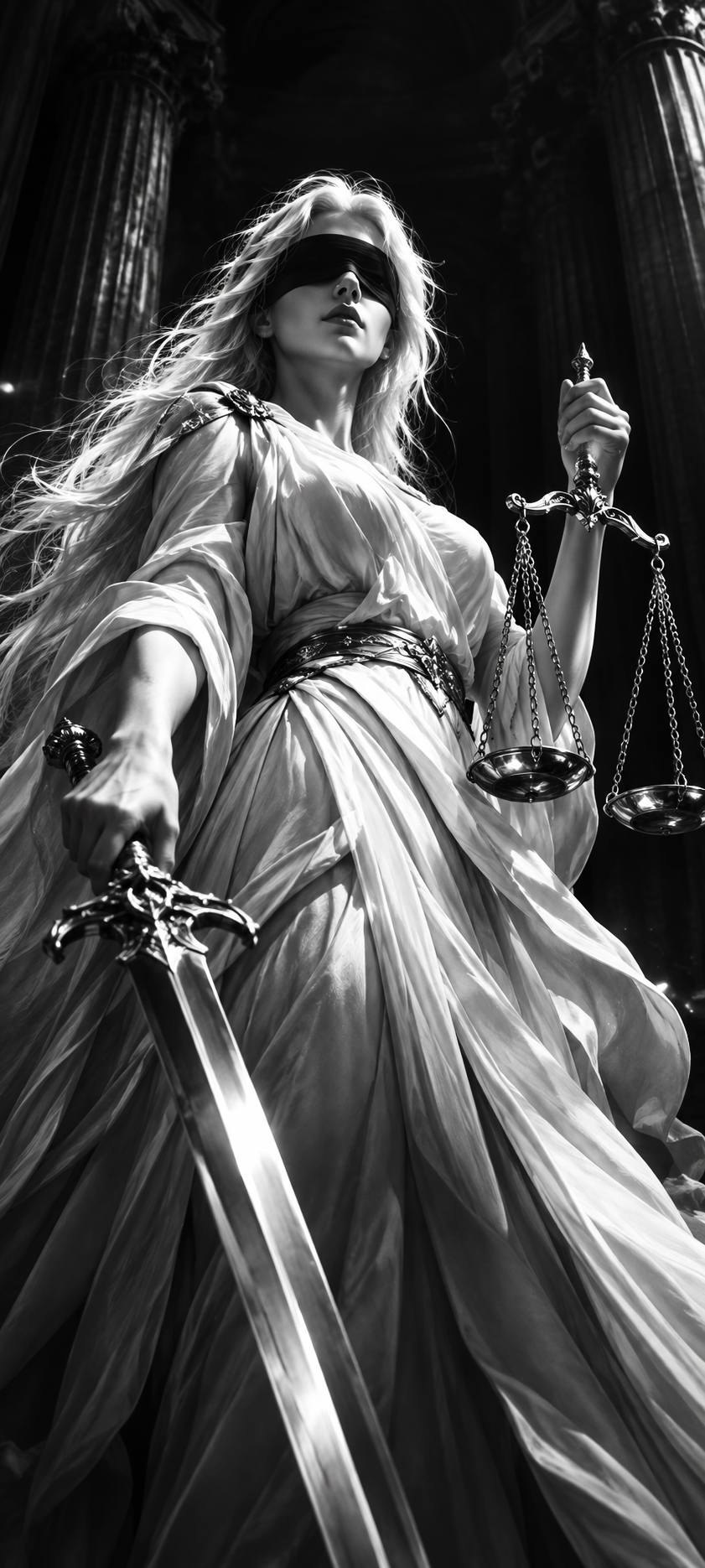 Low angle shot of blindfolded Lady Justice holding scales and a sword inside an ornate columned temple hall